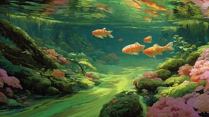 Underwater Scene Featuring Fish Swimming Among Toxic Algae Growth