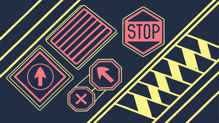 Funky sign themed design features stylized traffic and caution elements