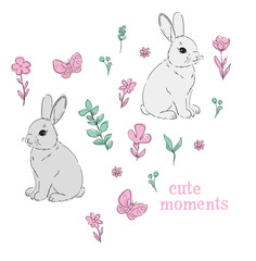Hand Drawn Cute Bunny and flowers vector, design rabbit, kids print 