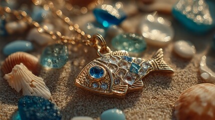 Vintage Fish Charm Necklace with Sparkling Gems on Sandy Background