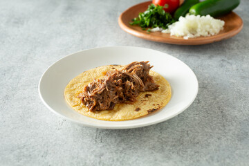 A view of a taco beef barbacoa.