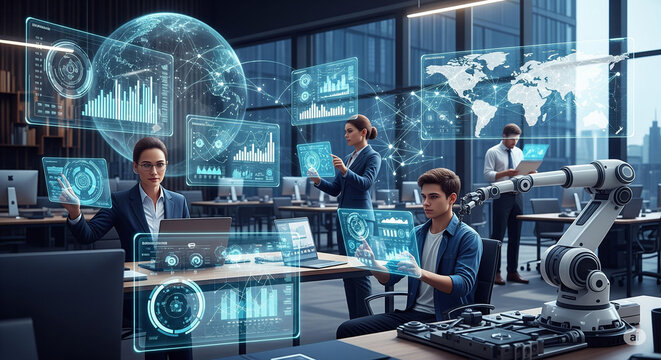 A futuristic office environment where professionals interact with advanced digital interfaces and holographic data displays. This scene highlights innovation, collaboration, and the integration of AI 