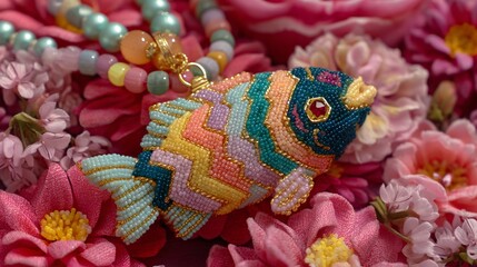 Colorful Whimsical Fish Pendant Necklace Crafted with Beads