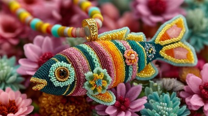 Colorful Whimsical Fish Pendant Necklace Crafted with Beads and Flowers