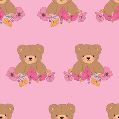 Seamless Pattern with Cute Teddy Bear and Flowers – Baby Textile and Kids Design