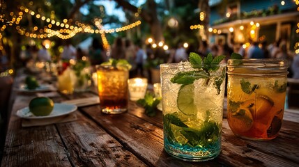 Whimsical Garden Party with Guests Enjoying Mint Juleps at Dusk