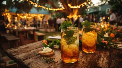 Whimsical Garden Party with Guests Enjoying Refreshing Mint Juleps
