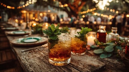 Whimsical Garden Party with Guests Enjoying Mint Juleps Outdoors