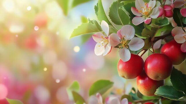 Blossoming crab apple tree branch with red fruit and delicate flowers