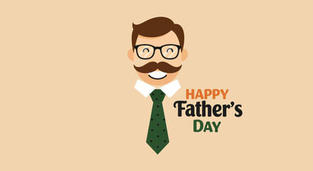 Fathers Day greeting card features a cartoon dad with glasses a mustache a green tie and Happy Fathers Day text