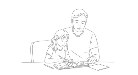 Line drawing of a father helping his daughter with her homework