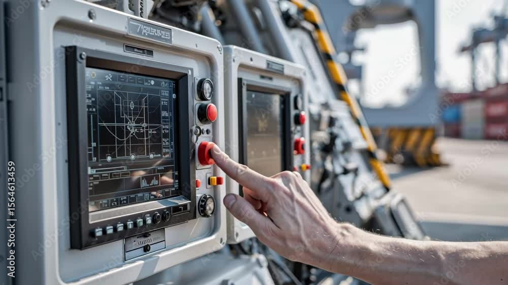 Poster Hand of a dockworker operating machinery control panel with display showing data and navigation in a port terminal, with cargo containers and crane in the background