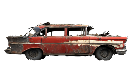 Station wagon engulfed in intense fire damage with charred metal and billowing smoke – high-resolution transparent PNG cutout for automotive emergency, crash scene and safety training graphics
