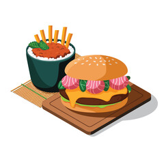 vector icons cooking food chef hat include a pizza slice, a sushi roll, spaghetti and meatballs, a curry bowl burger , fish 
