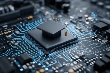 graduation cap on electronic circuit board