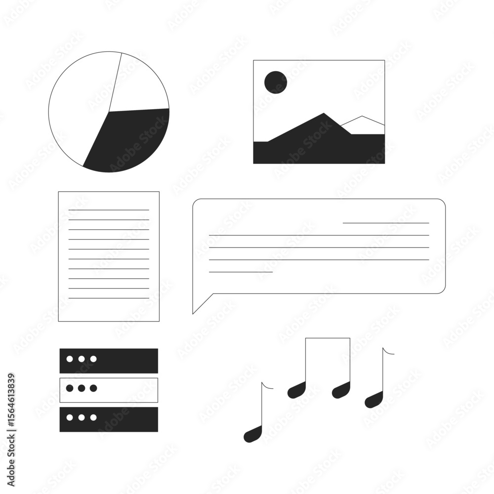 Poster multimedia and data elements 2d line objects set. pie chart, photo icon, document, speech bubble, mu