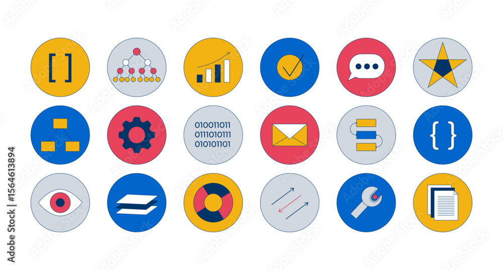Poster technology and data 2d cartoon round stickers objects set. coding, charts, data structure, tools, ui
