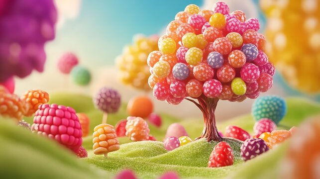 Sweet fantasy landscape with candy trees on green hills under a bright blue sky