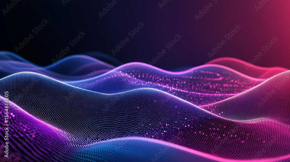 Poster abstract wavy landscape with blue and pink gradient light and dark background with small dots patter