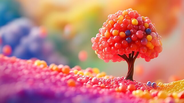 Whimsical gumball tree glows in a pastel candy land, offering a sweet, colorful, vibrant fantasy.
