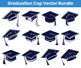 Graduation Cap Graphics Set of Twelve Isolated Navy Blue Illustrations