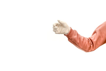 Arm in a salmon colored sweater with a gloved hand on a white background ready to hold