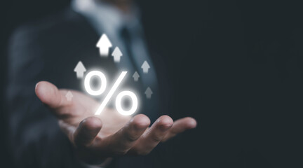 The percent sign and arrow increase. Concept of interest rate. The risk of estate debt increases,...