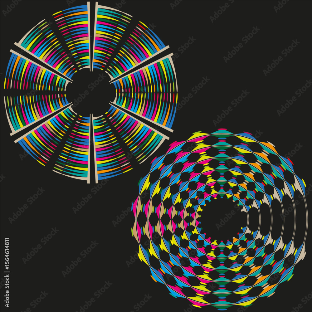 Poster concentric spiral discs. abstract optical illusion. rotating circular elements. vector motion graphi