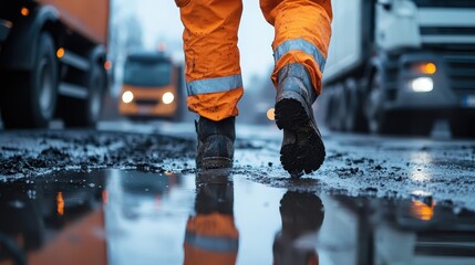 street worker in an orange uniform walking on a muddy road, close-up of feet and boots, focus on the shoes, reflection in a water puddle