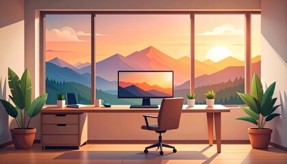 Fototapeta premium Modern Minimalist Desk Setup with Wireless Monitor and Mountain Landscape