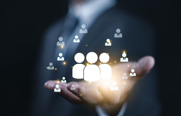 Employer of business and training in a company. leadership, executive. Concept of selecting employees using computer digital technology, hiring, and recruiting staff. human resource managers, HR
