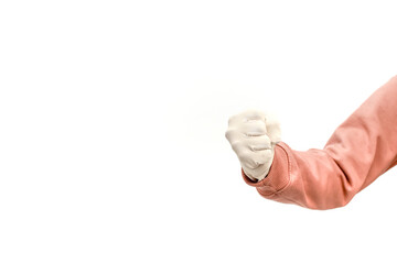 Right Arm with White Glove Reaching Out on White Background for Visual Appeal