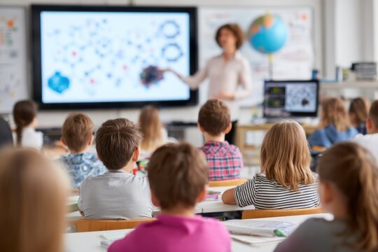 teacher explain with smartboard in classroom