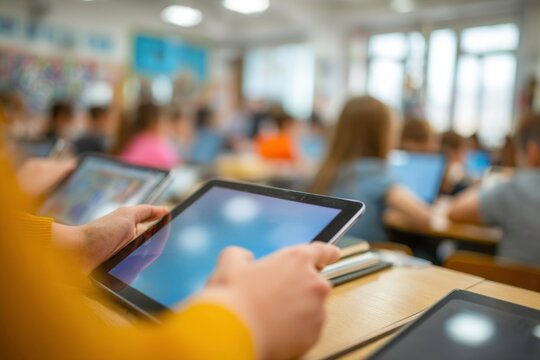 student using digital tablet in classroom