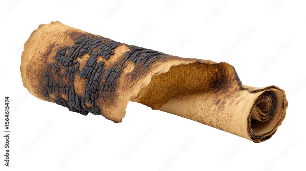 Poster burnt old paper scroll isolated on transparent background with curled edges and charred texture