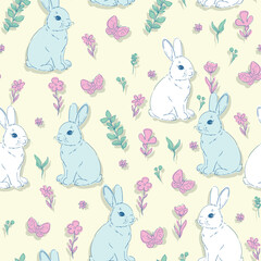 Seamless pattern of flowers and Bunnys background. Cute little rabbit and flowers background. Hand Drawn vector illustration textile design.