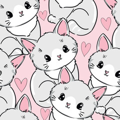 Seamless pattern with cute cat and hearts, vector illustration for kids design hand drawn