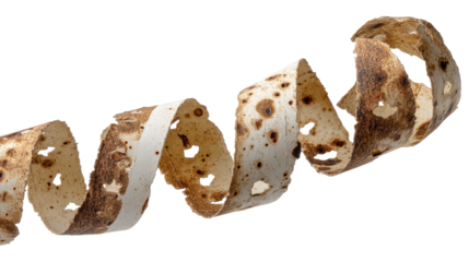 Isolated burnt tortilla strip on transparent background with curled shape and texture