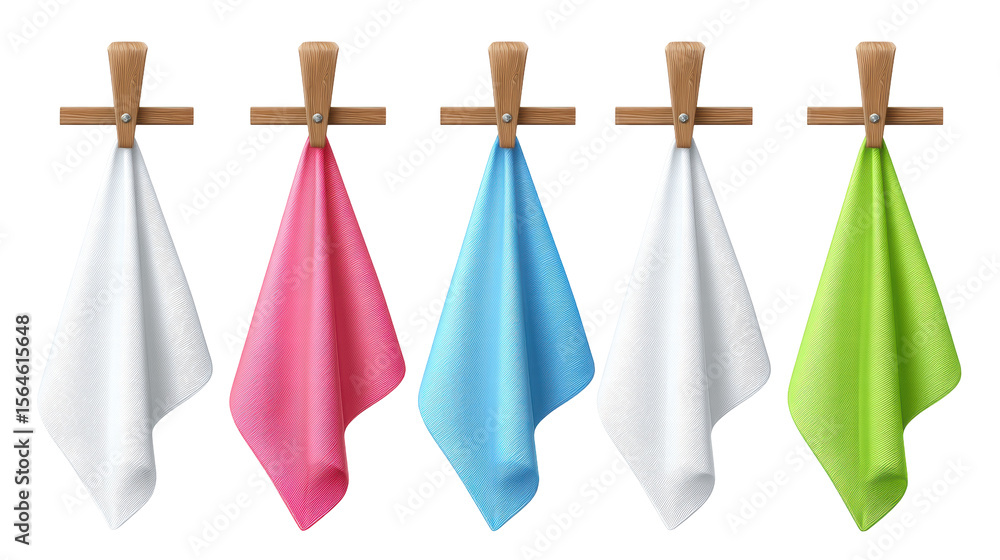 Poster colorful towels isolated on transparent background hanging on wooden hooks with soft texture