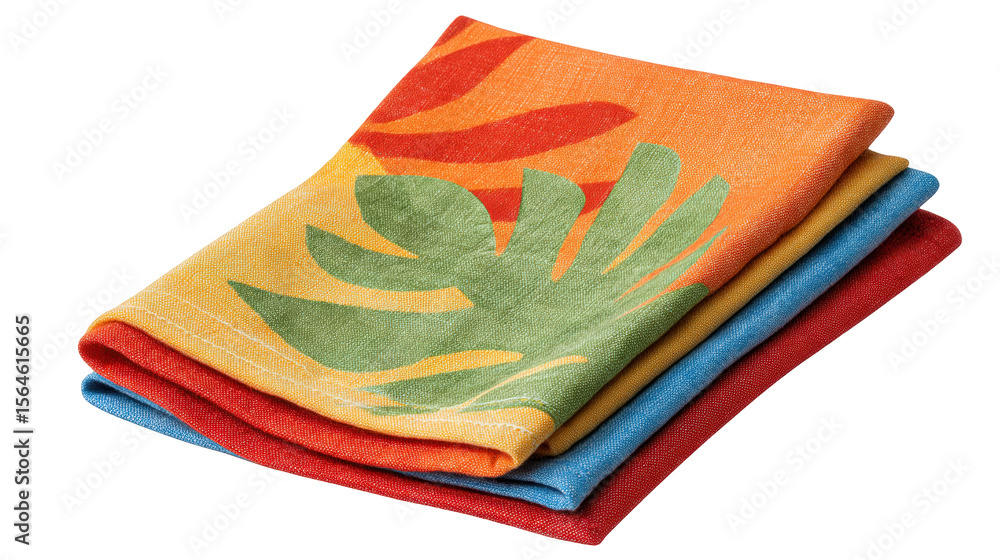 Poster folded colorful fabric with leaf pattern isolated on transparent background for design