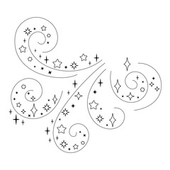 Magic swirl with sparkling stars in black and white line art style isolated. Fantasy wind flow with star dust for decorative magical design and fairytale theme.