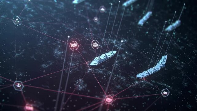 Visualizing a global shipping network with interconnected digital icons and cargo ships, highlighting efficient logistics and international trade in a futuristic style