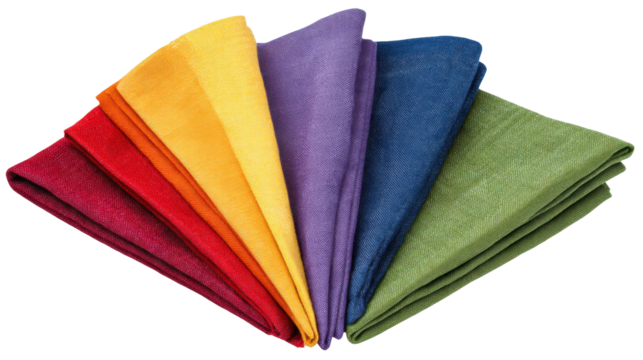 Colorful fabric pieces isolated transparent background arranged fan shape showing texture