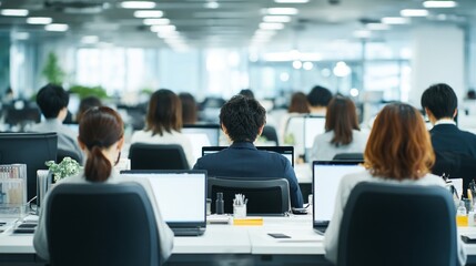 Fototapeta premium オフィスで仕事に集中するビジネスパーソンたちの後ろ姿｜働く,会議,集中,チームワーク,ビジネス