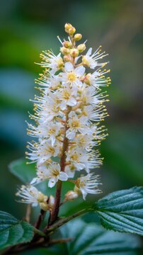 Clethra alnifolia branch displaying clustered white blossoms, growing amid verdant foliage in native woodland setting