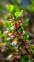 Obraz premium Close up of an escallonia branch with pink flowers and green leaves, thriving in its natural environment