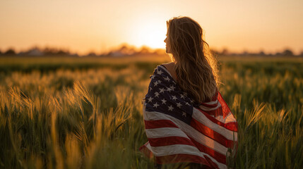 Back view of happy woman with USA national flag standing outdoors at sunset. Positive girl celebrating United States independence day. International day of democracy concept.