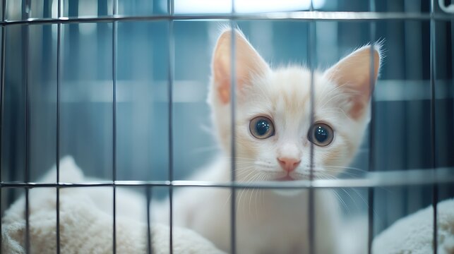 Adorable kitten with big eyes peering from a cage in a pet adoption center