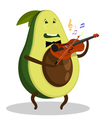 Emotional musician avocado fruit plays a heart rending melody on violin that evokes tears of happiness and awe. Cartoon vector isolated on white background
