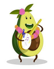Cheerful avocado character bungee musician singer. Impromptu street concert. Cartoon vector isolated on white background